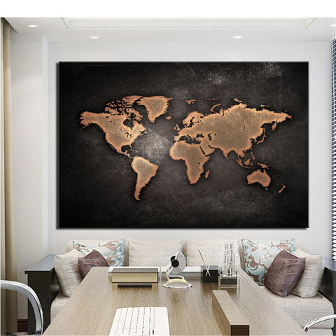 Huge Black World Map Paintings Print On Canvas